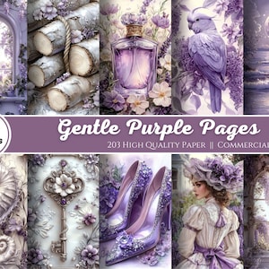 Zachte paarse pagina's voor plakboek en junkjournal, zachte pastellila, blauweregen, lavendel, vintage ephemera, digitaal papier, afdrukbaar
