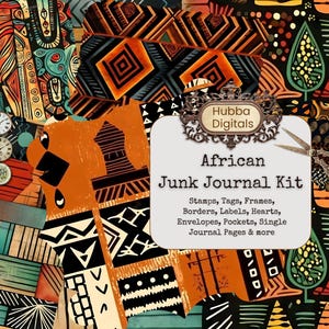 Könnte beinhalten: Ein digitales Junk Journal Kit mit afrikanischem Thema. Das Kit enthält Stempel, Etiketten, Rahmen, Bordüren, Etiketten, Herzen, Umschläge, Taschen, einzelne Journalseiten und mehr. Das Bild zeigt eine Collage aus bunten Mustern und Designs.