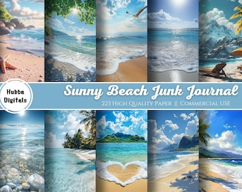 Sunny Beach Bundle, Digital Scrapbook, Holiday Junk Journal Paper, Clipart Scenes, Seascapes Ocean Views Row, Boat Sea Gulls, Commercial Use