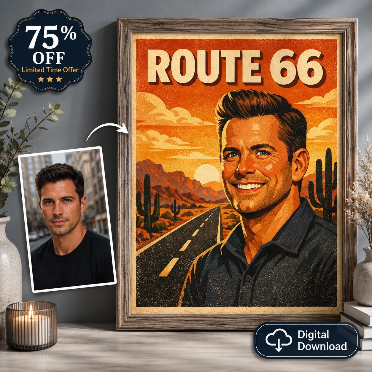 Custom Route 66 Portrait Poster, 1950s Vintage Travel Wall Art