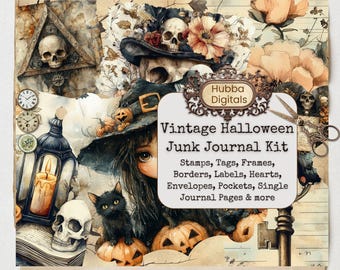 Halloween Junk Journal Pages, Digital Scrapbook Paper Kit, Spooky Gothic Printable, Vintage Ephemera, Pumpkin Collage Sheet, Grimoire BOS