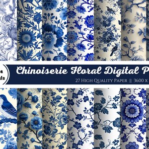 Chinoiserie Floral Digital Paper, 27 seamless French flower patterns, blue and white, Chinese, sublimation decoupage photography backdrop