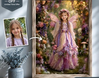 Custom Fairy Portrait from Photo, Personalized Flower Fairy Wall Art, Enchanted Garden Fantasy Child Gift, Magical Princess Decor