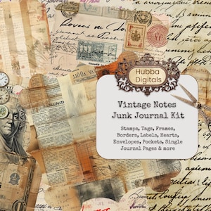 Kit de diário de lixo vintage Notes, caligrafia antiga, kit de papel para scrapbook digital, itens neutros para impressão manuscritos vintage, kit desgastado