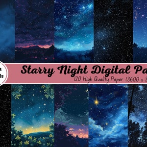 Sterrennacht digitaal papier, blauwe aquarel textuur, nachtelijke hemel textuur achtergrond, 120 digitaal papier, Galaxy plakboek, commercieel gebruik