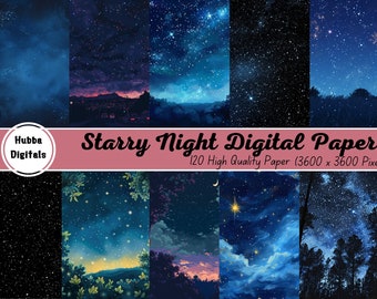 Starry Night Digital Paper, Blue Watercolour Texture, Night Sky Texture Background, 120 Digital Paper,Galaxy Scrapbook Paper, Commercial Use