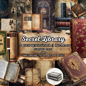 Secret Library Junk Journal Kit (afdrukbare JPG-pagina's kortstondig, Tags, bladwijzer), Dark Academia, oud boek digitaal papier, 70 digitale download