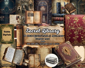 Secret Library Junk Journal Kit (afdrukbare JPG-pagina's kortstondig, Tags, bladwijzer), Dark Academia, oud boek digitaal papier, 70 digitale download