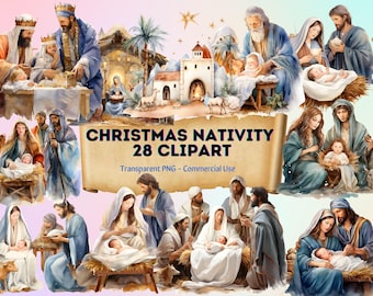 Imágenes prediseñadas de la Natividad de Navidad, imágenes prediseñadas de la Natividad en acuarela, 28 imágenes PNG, imágenes prediseñadas de Jesús de Navidad, imágenes prediseñadas del Niño Jesús, descargas digitales