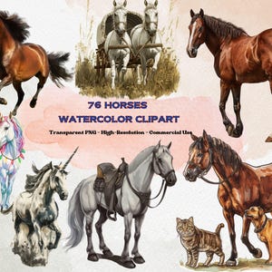 Horses Watercolor Clipart, 76 Magical Enchanting Horse Illustrations, Animals in the Nature, PNG, Instant Digital Download, Commercial Use