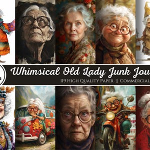 Alte Dame Junk Journal Seiten, 119 lustige, schrullige alte Frau, digitale Seiten, Urlaub gemütliche Grafiken, druckbares Junk Journal