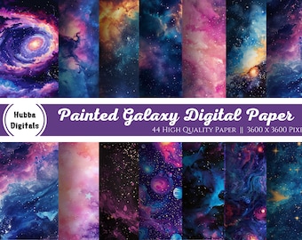 Painted Galaxy Digital Paper, 44 watercolor starry night backgrounds, printable night sky nebula scrapbook paper, paint watercolour texture