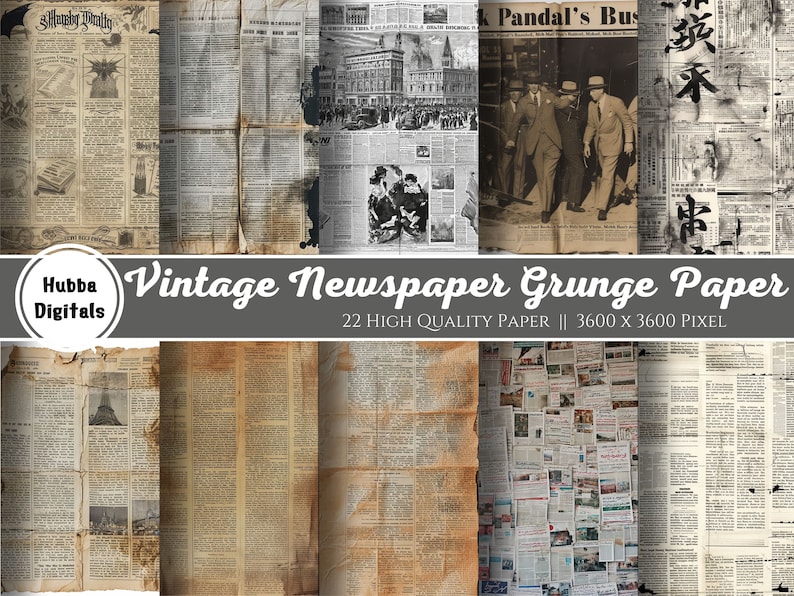 Newspaper Vintage, Newspaper Paper Pack, 22 Printable Grunge Paper Pack ...
