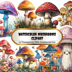 Clipart champignons aquarelle - téléchargement immédiat - 13 mignons champignon vénéneux nature forêt clip art format PNG pour un usage commercial
