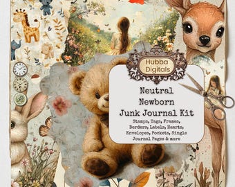 May include: A digital scrapbook kit with a neutral color scheme featuring a teddy bear, a deer, a bunny, and a girl in a forest setting. The kit includes stamps, tags, frames, borders, labels, hearts, envelopes, pockets, single journal pages, and more. The text "Hubba Digitals" and "Neutral Newborn Junk Journal Kit" is displayed on the image.