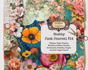 Zestaw do tworzenia dziennika Shabby Floral Junk, papiery scrapbookingowe, dziennik Junk, strony, kwiaty, różowy, vintage, rękodzieło, do druku, pobieranie cyfrowe BuJo