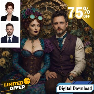 May include: A digital download advertisement featuring a couple in steampunk attire. The woman wears a corset, goggles, and a floral headpiece. The man wears a vest and tie. The image includes the text "75% OFF", "LIMITED OFFER", and "Digital Download".