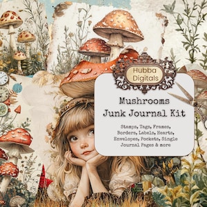 Enchanted mushrooms junk journal, printable botanical pages, woodland digital journal, vintage forest scrapbook, nature collage craft paper