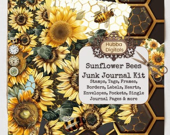 Sunflower Bee Junk Journal Kit, Vintage Botanical Junk Journal Kit, Vintage Bee Junk Journal Printable Tags, Bee Junk Journal Kit, Ephemera
