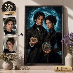 May include: A framed portrait featuring a man and a woman in dark, ornate period clothing against a glowing blue celestial background. The man holds a gold pocket watch, while the woman holds a circular mechanical device with blue light accents.