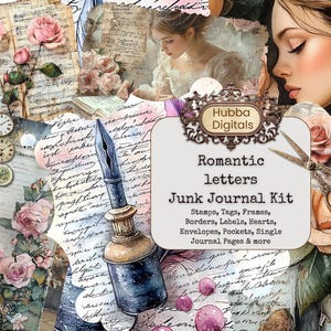 Kit de diário de lixo de cartas românticas, cartas manuscritas, diário digital de rosas cor-de-rosa, papel de scrapbooking vitoriano, colagem de cartas vintage