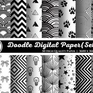 Schwarz-Weiß-Doodle-Digitalpapierpackung | 50 Muster Scrapbooking Seiten | B & W Hintergrund Bundle Scrapbook Blätter druckbar | Kommerzielle Nutzung