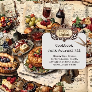 Vintage Cookbook Junk Journal Kit, Digital Scrapbook Paper Kit, Cooking Printable, Baking Collage, Kitchen Ephemera, Old Recipe Book, BuJo