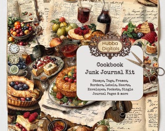 Vintage Cookbook Junk Journal Kit, Digital Scrapbook Paper Kit, Cooking Printable, Baking Collage, Kitchen Ephemera, Old Recipe Book, BuJo