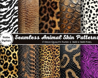 Papel digital con estampado animal clásico: 17 patrones de piel de animal sin costuras con rayas de tigre y manchas de guepardo, descarga instantánea para uso comercial.
