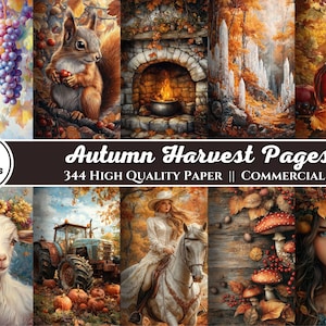Páginas de la cosecha de otoño para álbumes de recortes y diarios basura, imágenes imprimibles, papel digital, textura de pintura, temporada de otoño, cosecha, granja, calabazas