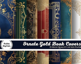 Ornate Gold Book Covers, 15 printable decorative gilded book covers, 8.5 x 11 inches,  instant download, digital sheets for commercial use