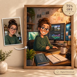 Op de afbeelding: Een ingelijste illustratie van een persoon met een bril en een knotje in een groene trui, zittend aan een bureau met een computer, een tekentablet, een notitieboek met de tekst Create Inspire Repeat en een mok met de tekst Focus Fuel Create.