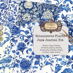 Chinoiserie Floral Junk Journal Kit, seamless French flower patterns, blue and white, Chinese, sublimation decoupage photography backdrop