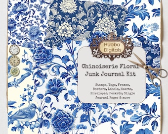 Chinoiserie Floral Junk Journal Kit, seamless French flower patterns, blue and white, Chinese, sublimation decoupage photography backdrop