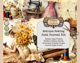 Kit de carnet de couture antique vintage, kit de papier de scrapbooking numérique, papier imprimable victorien, feuille de collage de dentelle, éphémères de machine à coudre