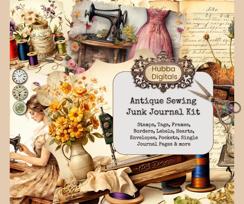 Vintage Antique Sewing Junk Journal Kit, Digital Scrapbook Paper Kit ...