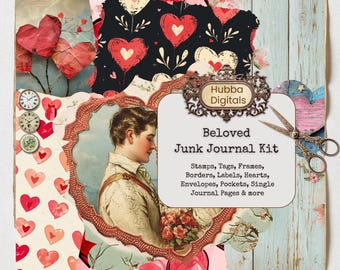 Beloved Junk Journal Kit, Printable Collage, Valentine's Digital Download, Love Scrapbook Paper, Shabby Chic Roses Ephemera Lined Pages Bujo
