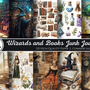 Zauberer und Bücher Junk Journal Digital Kit zum Ausdrucken, Zauberer Digitale Collage Sheets, Magisches Junk Journal, Junk Journal Papier, Tags, Fussy Schnitte
