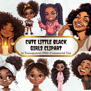 かわいい黒人の女の子のイラスト、15 PNG バンドル、三つ編み、おさげ髪、魔法のクリップアート プリンセス、商用利用可能なアフロ キッズ プリント T シャツ