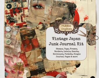 Kit per junk journal in stile giapponese vintage, carta digitale per scrapbooking, kit di effimeri giapponesi, foglio per collage stampabile, sfondo asiatico, stampe orientali