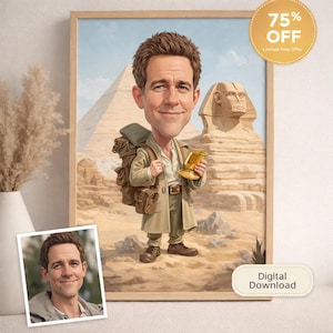 Custom Explorer Caricature Portrait Egyptian Adventure Art Personalized Gift Pyramid Sphinx Cartoon Wall Art Digital Download