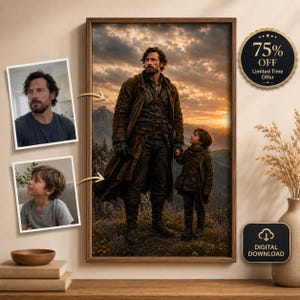 May include: A framed digital art print depicts a man and a child standing on a mountain, with a sunset in the background. The man wears a long brown coat and the child wears a matching outfit. The print includes two smaller photo inserts and a "75% OFF" sticker.