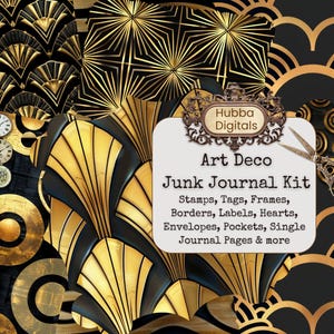 Victorian Art Deco Junk Journal Kits, Victorian Junk Journal, Vintage Victorian Digital Tags, Digital Collage Sheet, Black and Gold Ephemera