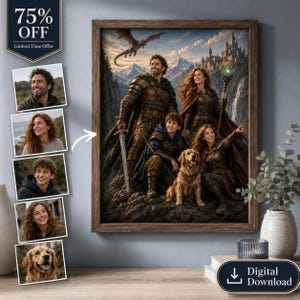 Anpassat fantasyfamiljeporträtt, personlig RPG-familjekonst, DnD-inspirerad familjegåva, drakslottsäventyr, anpassad familjeposter