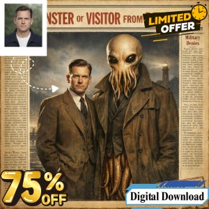May include: Digital art print featuring two men, one in a suit and the other resembling a creature with tentacles, set against a vintage newspaper background. The text reads "Monster or Visitor From" and "Limited Offer". A 75% off banner is also present.