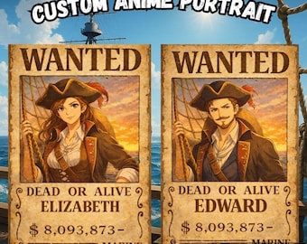 Aangepast animeportret, aangepaste anime-gezocht-poster, gepersonaliseerd piraat-animecadeau, afdrukbare muurkunst, verjaardagscadeau, portretten uit één stuk