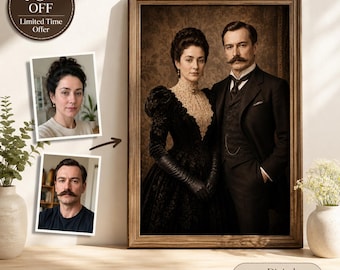 Elegante retrato de pareja victoriana de los años 90, fotografía antigua personalizada, arte para bodas y aniversarios.