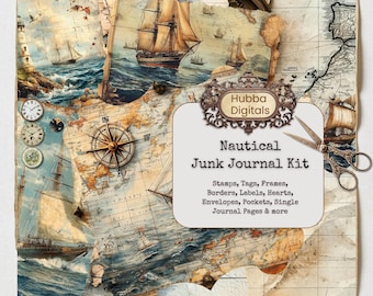 Nautical Junk Journal Kit, Vintage Nautical Ephemera Kit, Sea Marine Collage Scrapbook Paper, Printable Ocean Horizontal Digital Pages, BuJo