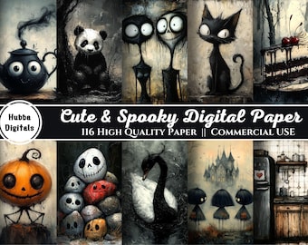 May include: A digital paper pack featuring 116 spooky and cute illustrations. The images include a black teapot with eyes, a panda, a black cat, a cake with a cherry on top, a pumpkin with a face, a black swan, a castle, and a kitchen scene.