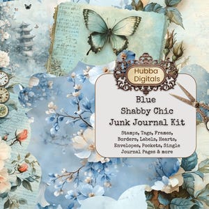 Blaues Shabby Chic Junk Journal Papier Pack, Vintage Shabby Chic Ephemera Kit, Romantisches Scrapbook Papier, druckbare Blumen Rosen Digitale Seiten